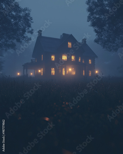 haunted house surrounded by fog, glowing warmly at night