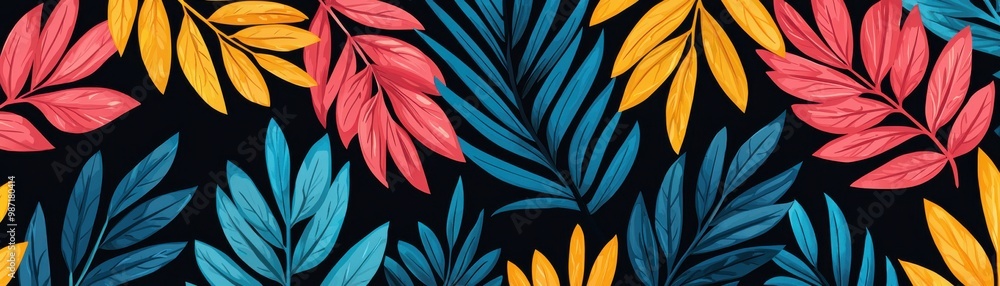 Vibrant tropical leaves in red, yellow, and blue hues against a dark background create a stunning decorative pattern. Vibrant tropical leaves in red, yellow, and blue hues against a dark background create a stunning decorative pattern.