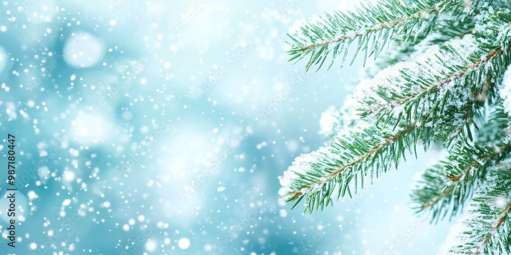 Obraz premium Pine branches adorned with fresh snow shimmer softly against a tranquil winter backdrop filled with falling snowflakes