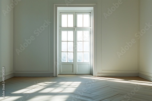 White window with shadow on the wall and wooden floor in the room