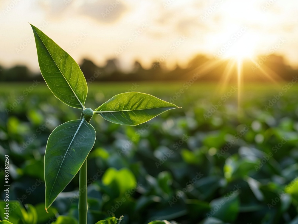 Obraz premium Green plant sprout against a sunset in a lush field.