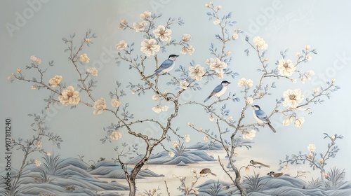 birds on a branch painting in chinoiseries style	