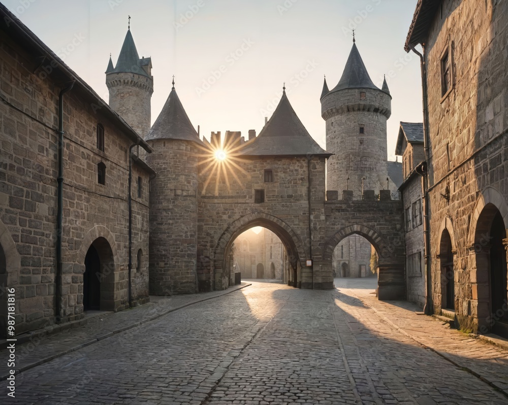Medieval Cityscape at Sunset: Silent Streets and Towering Stone Walls Medieval Cityscape at Sunset: Silent Streets and Towering Stone Walls