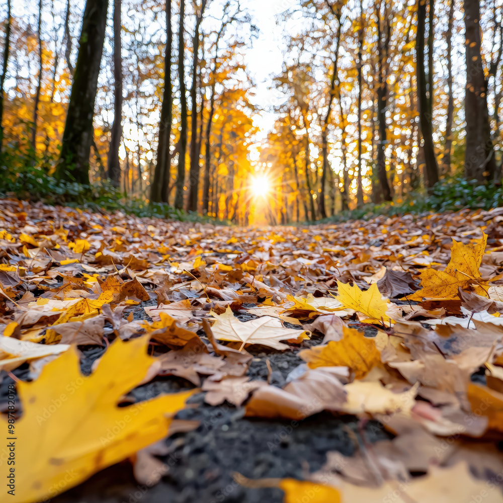 serene forest path covered in autumn leaves, illuminated by sunlight serene forest path covered in autumn leaves, illuminated by sunlight