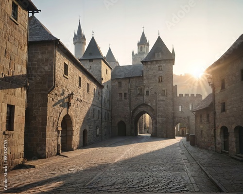 Medieval Cityscape at Sunset: Silent Streets and Towering Stone Walls