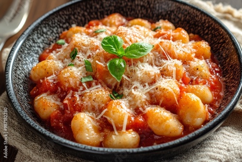 Dish of typical italian potato gnocchi with tomato sauce and cheese, ai