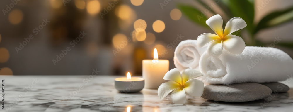 Spa scene with towels, candles, and frangipani flowers on a marble surface in soft lighting. Spa scene with towels, candles, and frangipani flowers on a marble surface in soft lighting.
