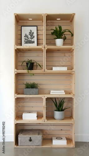 Modern Minimalist Bookshelf Functional Wooden Storage with Crates and Boxes for Indoor Spaces