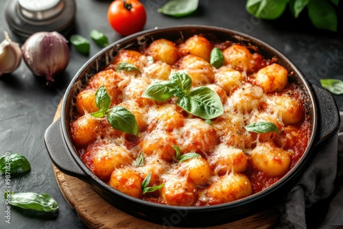 Dish of typical italian potato gnocchi with tomato sauce and cheese, ai