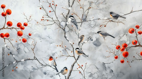 	
birds on a branch painting in chinoiseries style	
