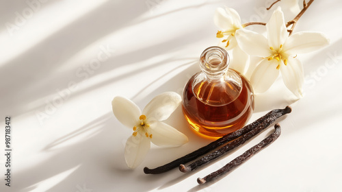 Vanilla extract with vanilla sticks and flowers, copy space, aesthetic white background. Bakery spices. Generative AI