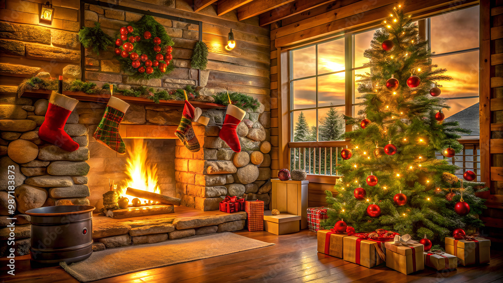 Fototapeta premium fireplace and christmas tree