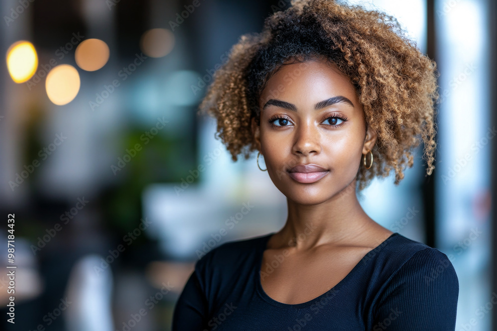 Young woman with curly hair poses confidently in a modern cafe during the day, showcasing a friendly and approachable demeanor Young woman with curly hair poses confidently in a modern cafe during the day, showcasing a friendly and approachable demeanor