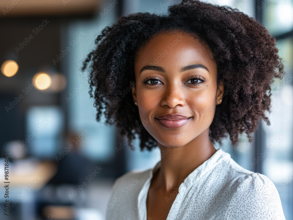 Smiling woman with curly hair in a bright modern office setting during the day Smiling woman with curly hair in a bright modern office setting during the day