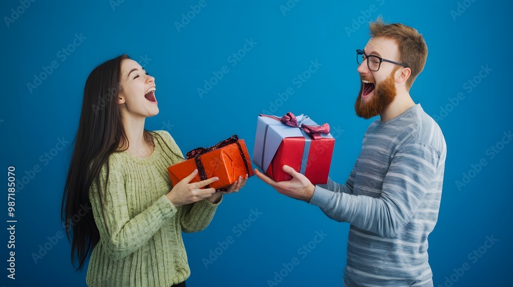 A young woman and man exchange gifts, both with big smiles on their faces. A young woman and man exchange gifts, both with big smiles on their faces.