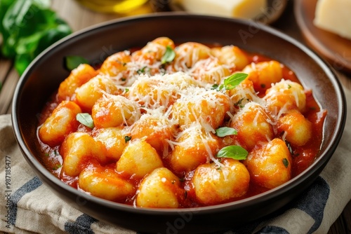 Dish of typical italian potato gnocchi with tomato sauce and cheese, ai