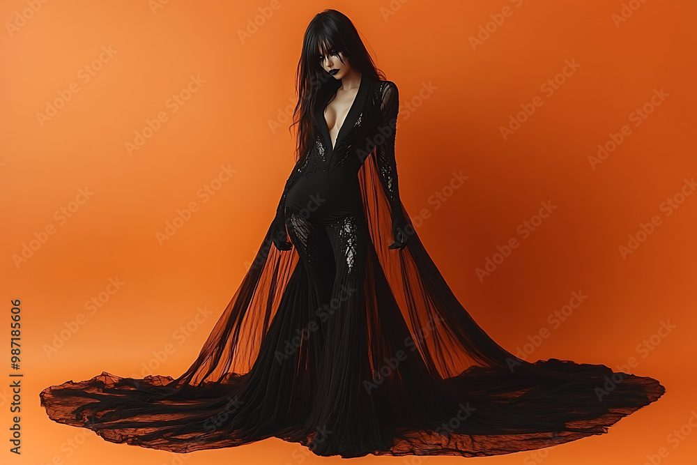 A model poses in a studio wearing a revealing black vampire costume with a gothic and seductive aesthetic. Set against an orange background, the Halloween-inspired look emphasizes dark fantasy and all A model poses in a studio wearing a revealing black vampire costume with a gothic and seductive aesthetic. Set against an orange background, the Halloween-inspired look emphasizes dark fantasy and all