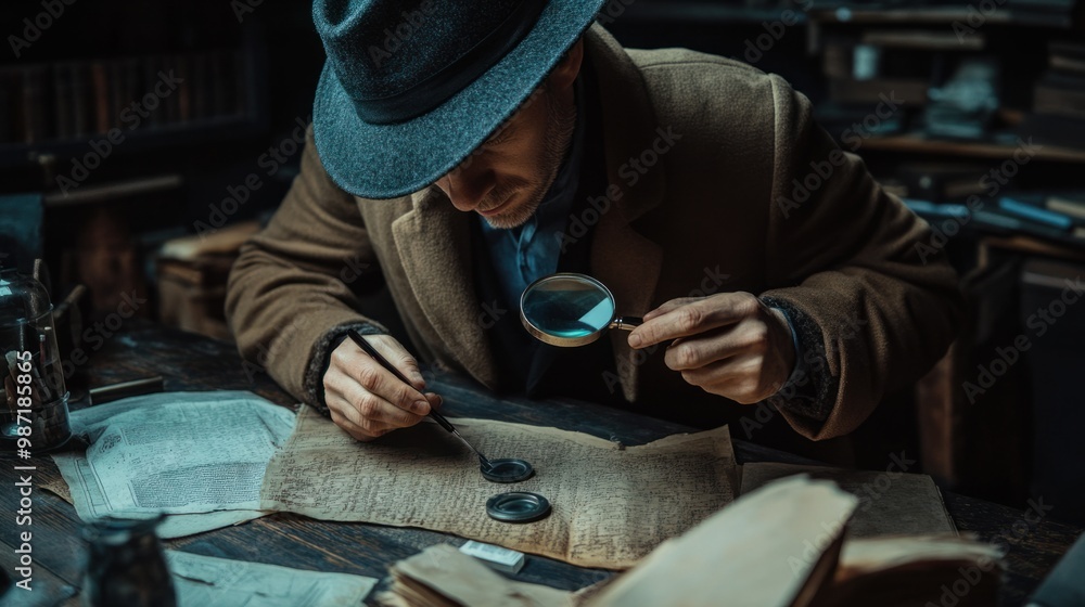 Detective holding a magnifying glass while looking at evidence on a table, representing crime-solving investigation. Detective holding a magnifying glass while looking at evidence on a table, representing crime-solving investigation.