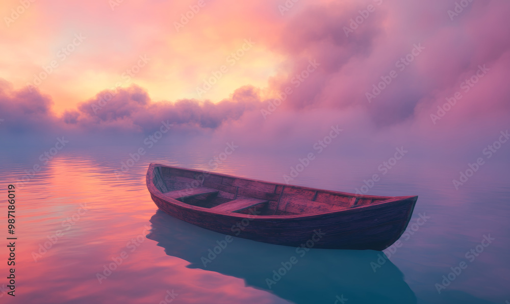 tiny wooden boat floats alone in serene sea, surrounded by soft, smoky clouds and beautiful pastel sky at sunset. tranquil scene evokes sense of peace and solitude tiny wooden boat floats alone in serene sea, surrounded by soft, smoky clouds and beautiful pastel sky at sunset. tranquil scene evokes sense of peace and solitude