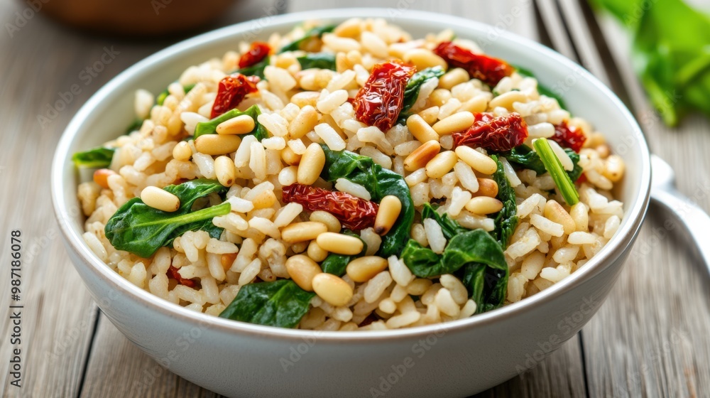 Healthy Spinach Rice Bowl with Pine Nuts and Sun-Dried Tomatoes Healthy Spinach Rice Bowl with Pine Nuts and Sun-Dried Tomatoes