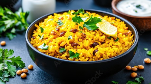 Vibrant Yellow Rice Dish with Fresh Herbs and Lemon