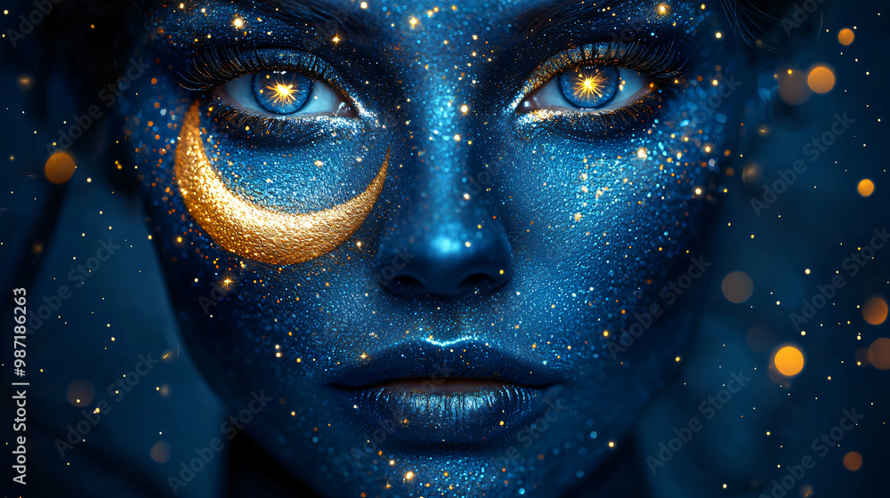 Fantasy Starry Night Witch Face with Celestial Art and Shimmering Star Makeup Fantasy Starry Night Witch Face with Celestial Art and Shimmering Star Makeup