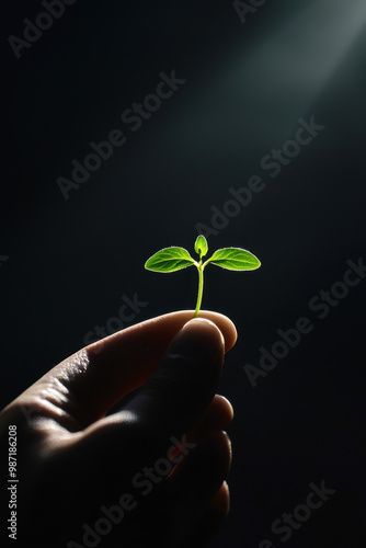 Hopeful Green Seedling in Hand Illuminated by Soft Light Symbolizing Growth