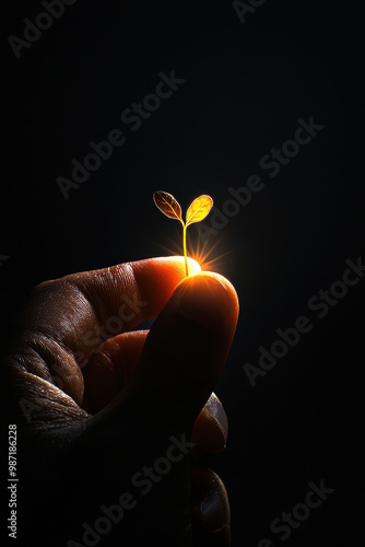 Hand Holding a Bright Green Seedling Symbolizing Hope and Environmental Growth photo