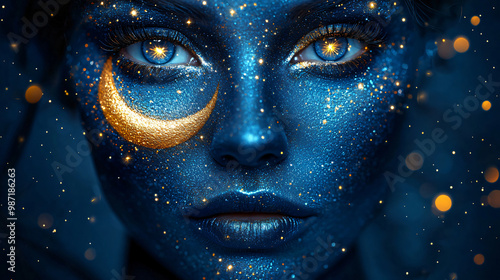 Fantasy Starry Night Witch Face with Celestial Art and Shimmering Star Makeup