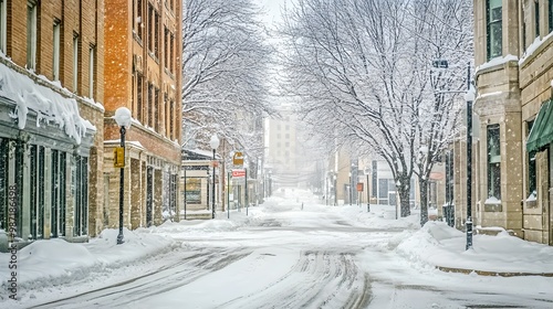 Fototapeta Naklejka Na Ścianę i Meble -  Snow-covered street in a small town with brick buildings and lampposts.