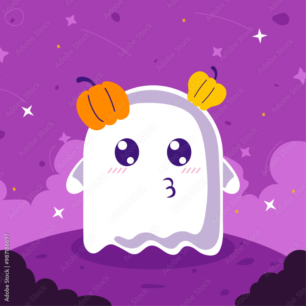 custom made wallpaper toronto digitalCute ghost character with small pumpkins on head and with purple background, clouds, stars in flat style for posters, banners, wallpapers