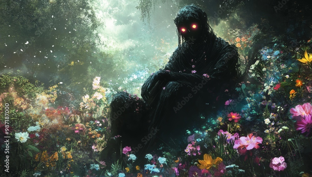 Fototapeta premium Dark figure with glowing eyes amidst blooming flowers.