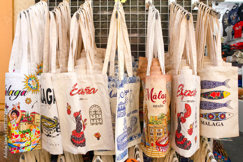 Obraz na płótnie Textile souvenir bag for sale in Malaga, Spain w salonie