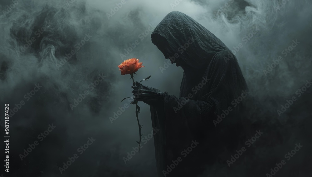 Hooded figure holding rose in foggy air. Hooded figure holding rose in foggy air.
