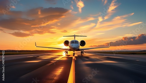 Tranquil Sunset Takeoff of Airliner in Golden Hour with Warm Sky, Inspiring Travel Scene and Scenic Flight Experience on Runway photo