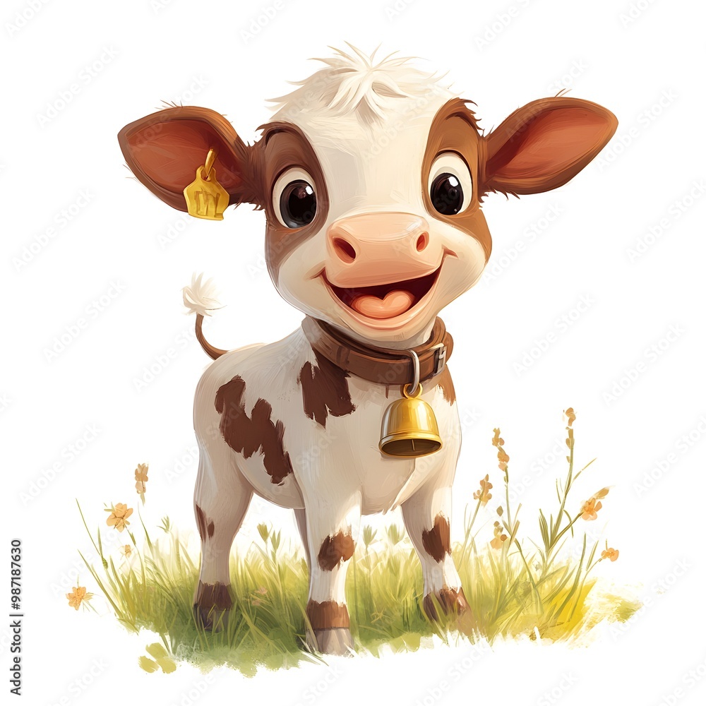 A friendly little calf with a tiny bell and a happy expression A friendly little calf with a tiny bell and a happy expression