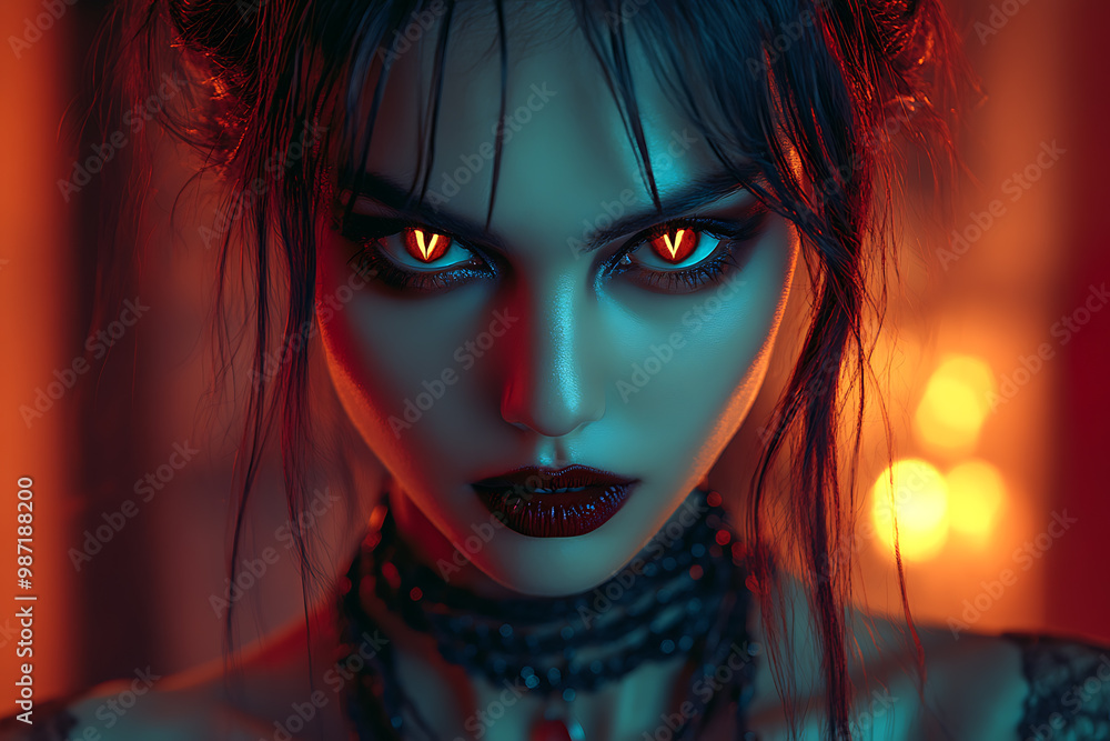 model poses in a studio wearing a vampire costume, wings, against an orange background. The Halloween-inspired look exudes a gothic and seductive vibe model poses in a studio wearing a vampire costume, wings, against an orange background. The Halloween-inspired look exudes a gothic and seductive vibe
