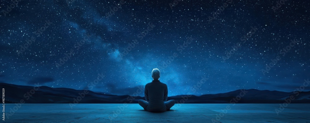 A serene figure meditates under a starry sky, surrounded by deep blue hues, evoking peace and connection to the vast universe. A serene figure meditates under a starry sky, surrounded by deep blue hues, evoking peace and connection to the vast universe.