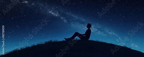A silhouette of a person sitting on a hill, gazing at a starry night sky filled with stars and galaxies, evoking a sense of wonder and tranquility.