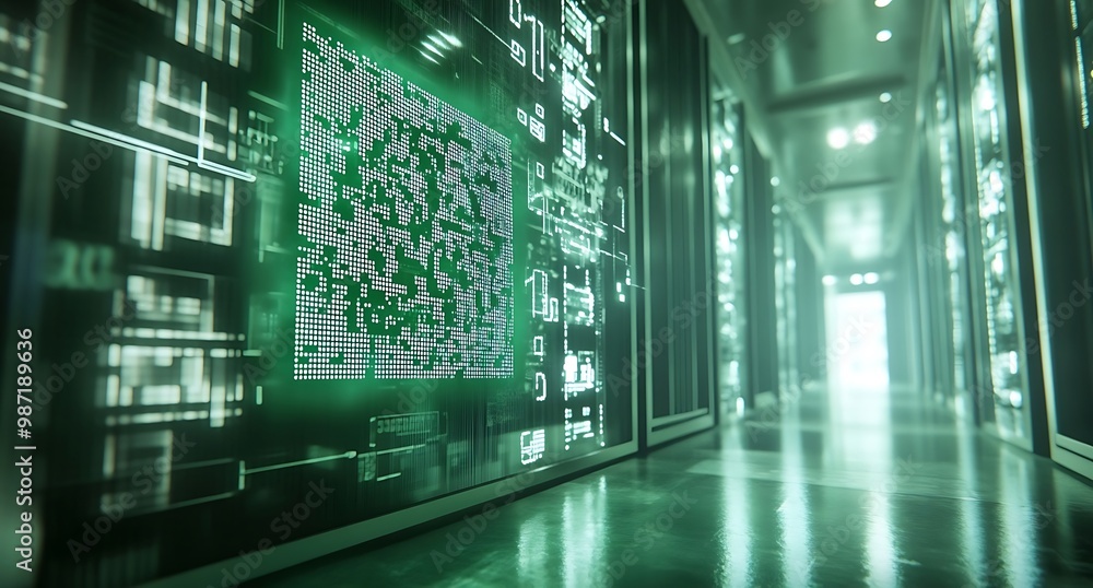 Fototapeta premium Green background QR code floating in front of server racks in data center.