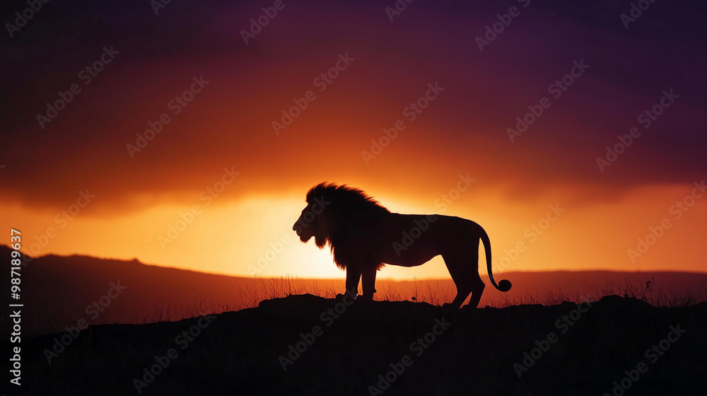 Lion Silhouetted Against a Vibrant Sunset, Landscape Photography with Bold Backlighting Lion Silhouetted Against a Vibrant Sunset, Landscape Photography with Bold Backlighting