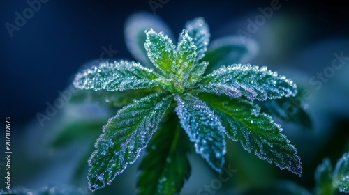 Hoarfrost on the leaves. Beautiful frozen plants. Natural winter texture. Macro nature. Grass with ice crystals on natural blurry bokeh background