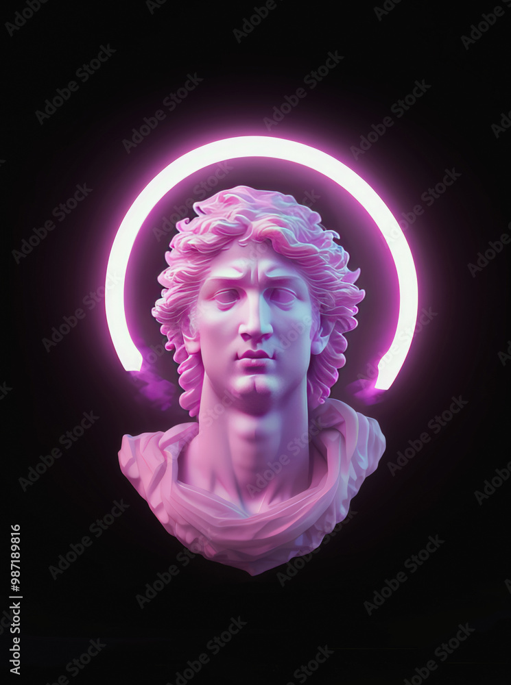 Neon-lit classical bust with curly hair, illuminated by glowing pink halo. Vaporwave aesthetic blends ancient sculpture with modern cyberpunk elements against dark background.
Neon-lit classical bust with curly hair, illuminated by glowing pink halo. Vaporwave aesthetic blends ancient sculpture with modern cyberpunk elements against dark background.