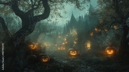 A haunted forest clearing with glowing pumpkins, twisted trees, and ghostly apparitions floating among the fog photo