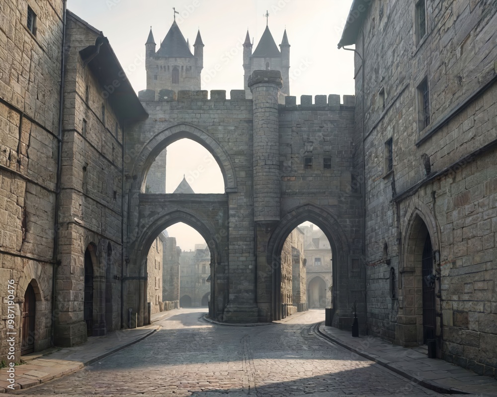 Obraz premium Medieval City Gate at Dawn: Half-Raised Portcullis and Silent Streets