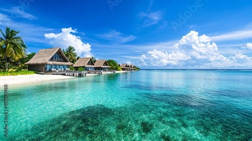 tropical beach bungalows over crystal clear water