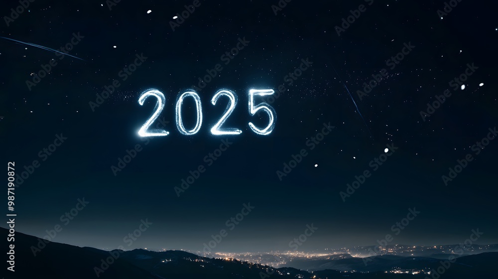 Fototapeta premium The year 2025 written in the night sky with stars and a distant city.