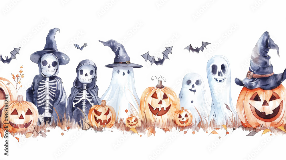 Fototapeta premium Aesthetic halloween watercolor mockup with pumpkins, ghosts, skeletons, pastel light colors and backdrop. Generative AI