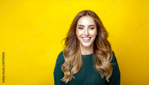 Studio shot of an attractive young woman looking excited against a yellow background 