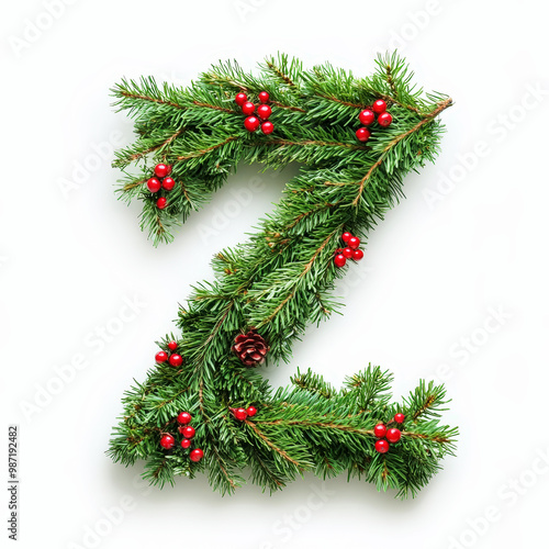 Wallpaper Mural Christmas alphabet letter Z made of fresh green fluffy branches and red berries. Clean background. Generative AI Torontodigital.ca